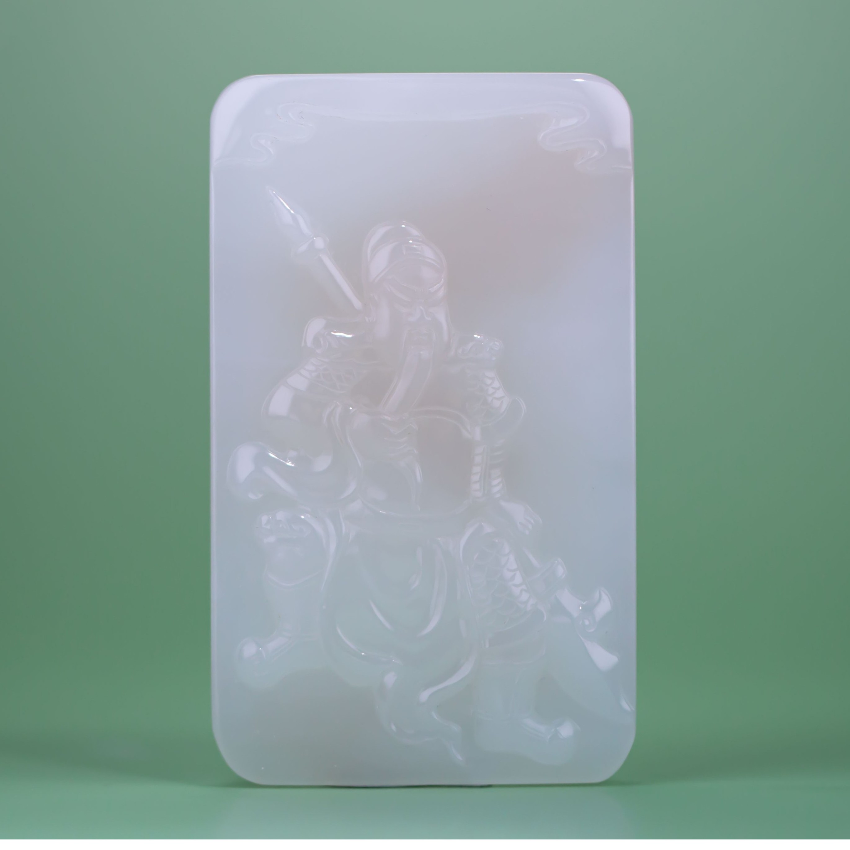 【冠玉珠宝】和田玉藕粉忠义千秋关公牌 精雕武财神 巧雕（配绳）