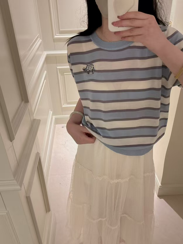 A2079夏季新款韩版百搭圆领蓝色条纹宽松短袖T恤女潮卡通刺绣上衣