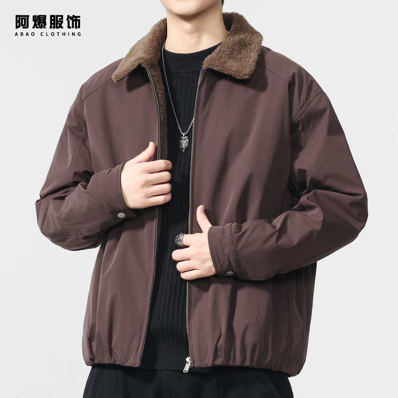 【阿爆服饰】冬季保暖仿羊毛加绒翻领工装夹克男运动宽松棉服外套潮