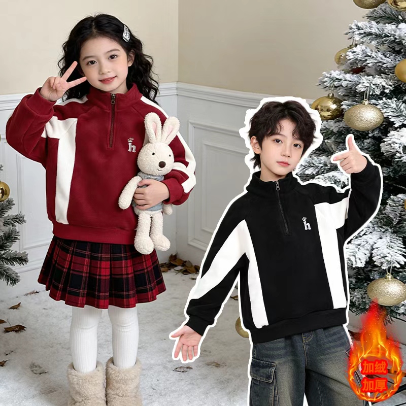 新年款男女童卫衣加绒卫衣秋冬中大童上衣保暖儿童冬季立领新中式