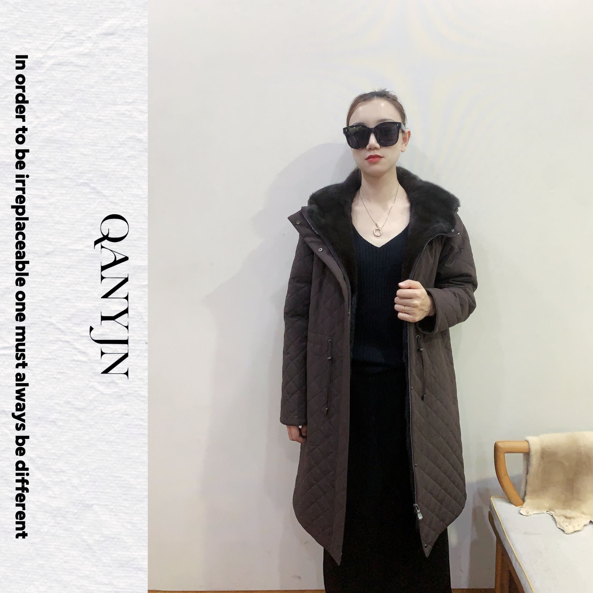 QYJ水貂派克服内胆可脱卸长款绗缝