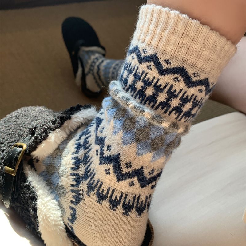 复古袜子女冬季加厚保暖中筒袜格子条纹复古巨厚睡眠地板袜长袜Y