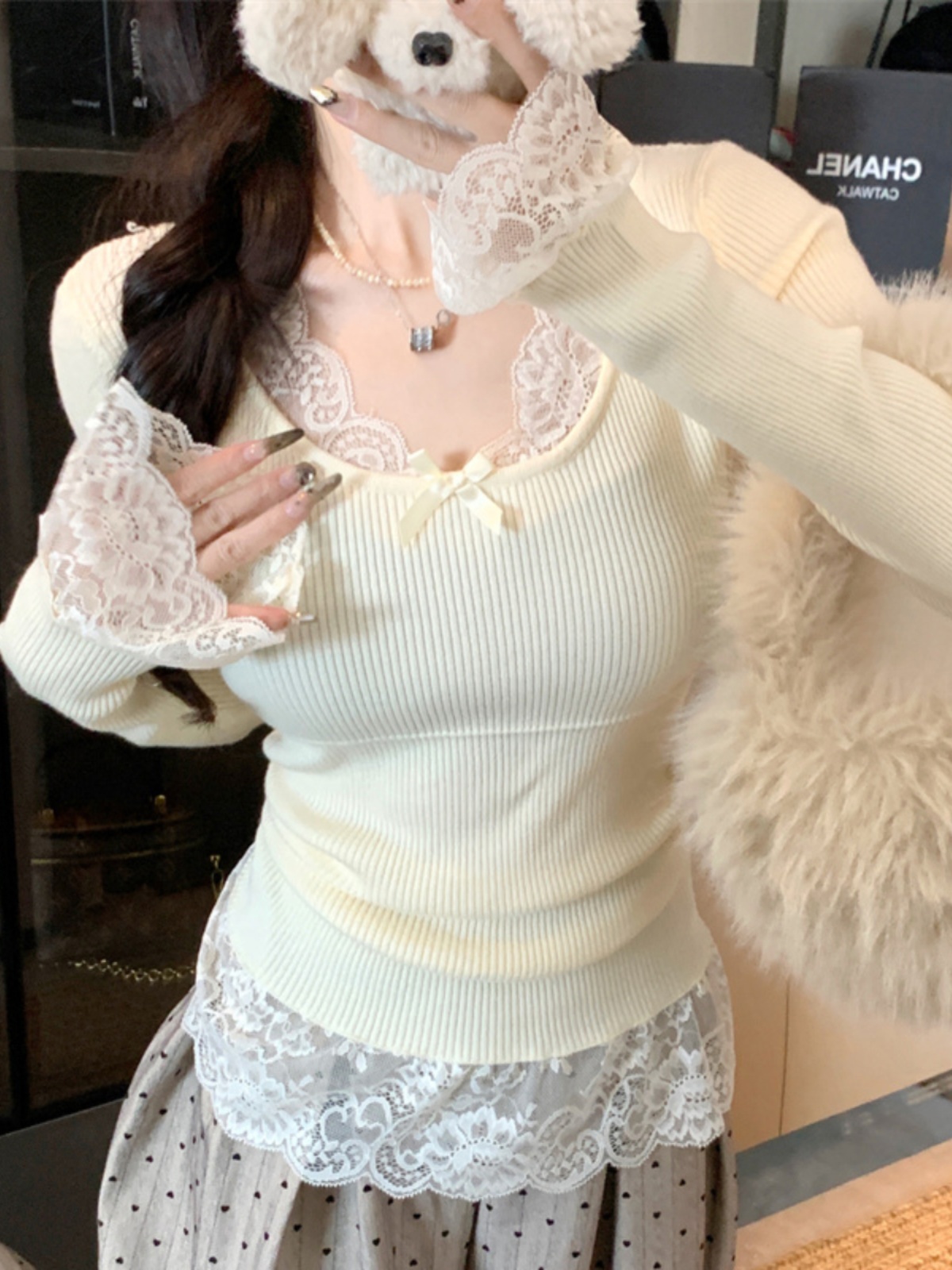 （现货24H+运补3-5）纯欲蕾丝拼接v领打底衫女秋冬氛围感内搭上衣女