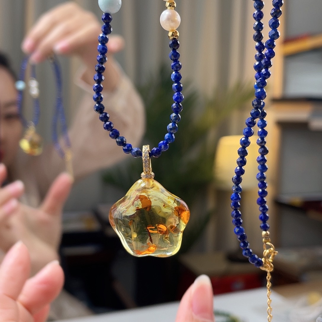 蜜蜡手链银S925镀金镶嵌琥珀吊坠