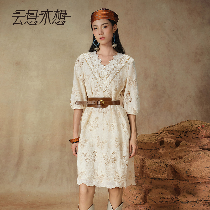 Ysimo-X云思木想 游花戏蝶 镂空绣花珠绣V领100棉轻奢连衣裙13363