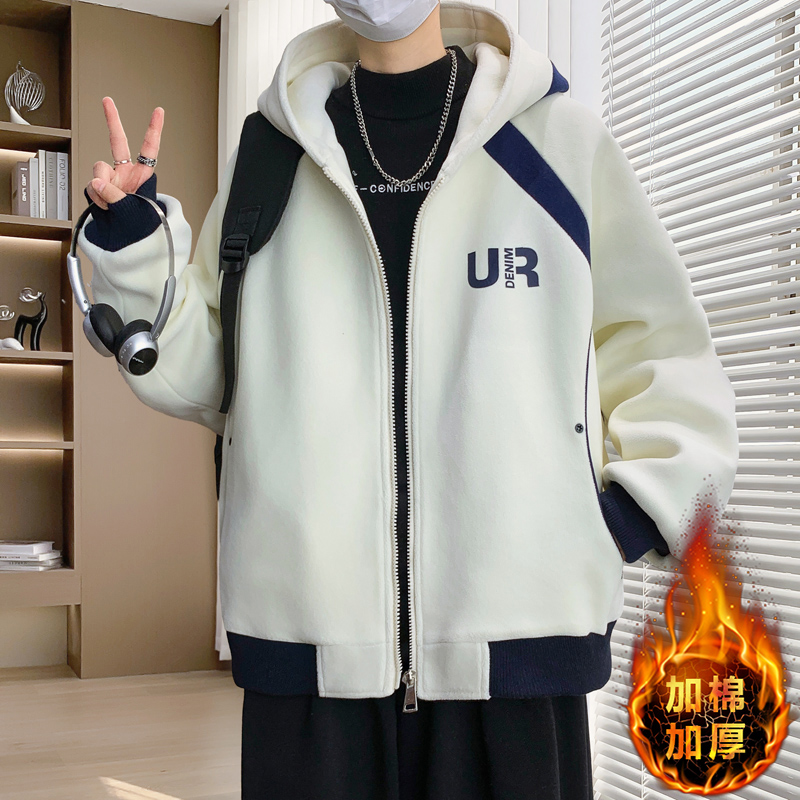 秋冬新款学院风奥粒绒加棉加厚夹克字母印花撞色潮流男生百搭外套