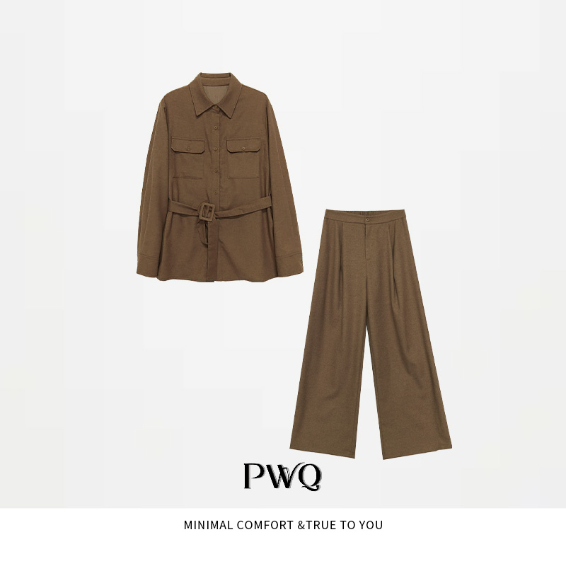 【山物】套装羊毛翻领长袖收腰上衣休闲直筒阔腿裤E-2592998-QG