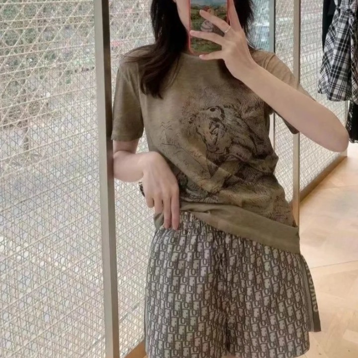 全新未使用 DIOR/迪奥 女士狮子印花卡其色短袖T恤亚麻 129066