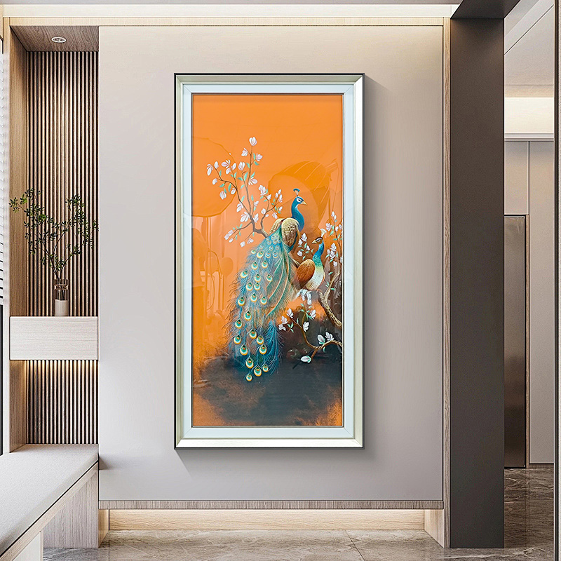 高货刺绣装饰画现代简约苏绣轻奢玄关走廊客厅挂画cx007孔雀80160