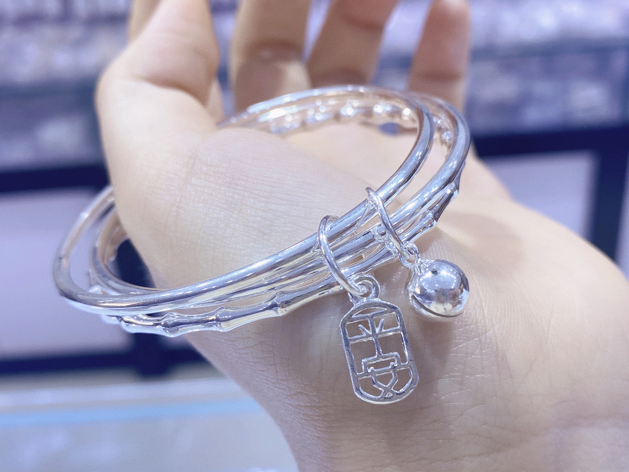 足银手镯 实拍32克银大福足银999.9三生三世手镯平安铃铛竹节素圈