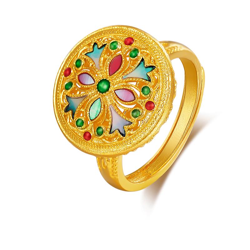 福满圆珠宝 足金999投资金 古法螺钿花卉鎏彩戒指