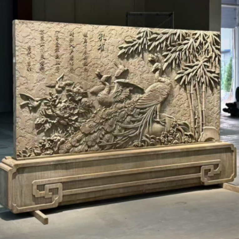 青石石雕孔雀影壁墙，宽3米，高197厘米