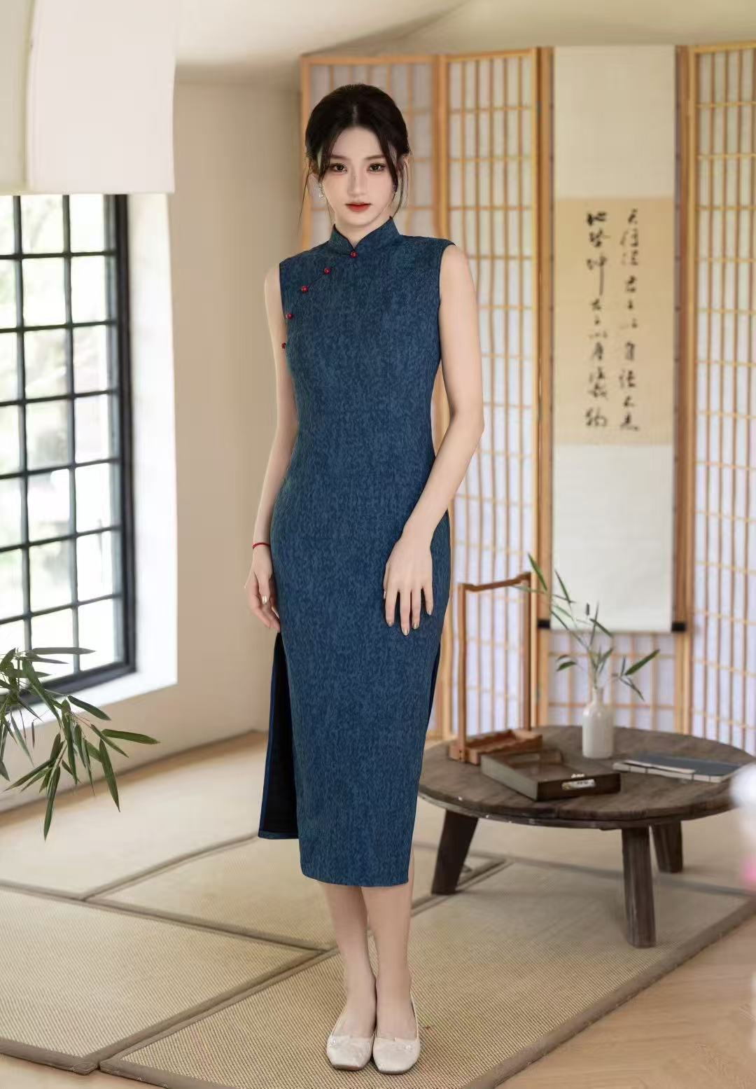日常无袖低开衩新中式立领修身中式气质旗袍