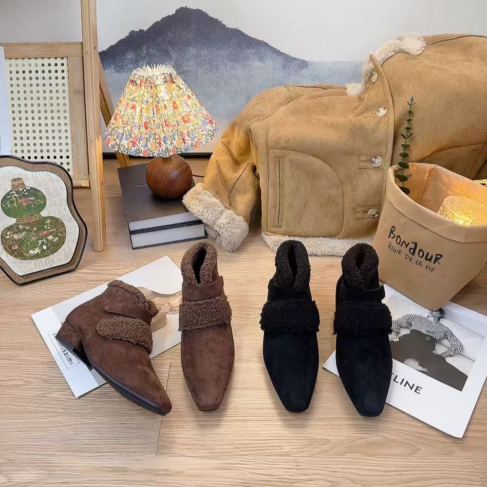 2932新款双魔术贴加绒舒适百搭小方头小短靴