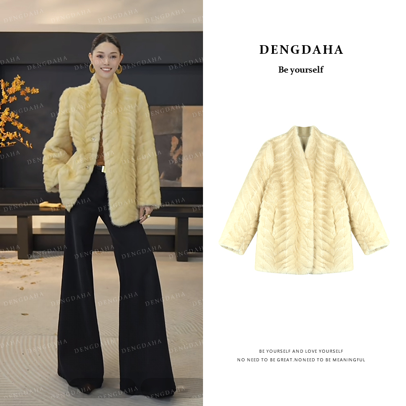 DENGDAHA「琥珀漫雪」人字纹环保毛一体外套上衣 A9089