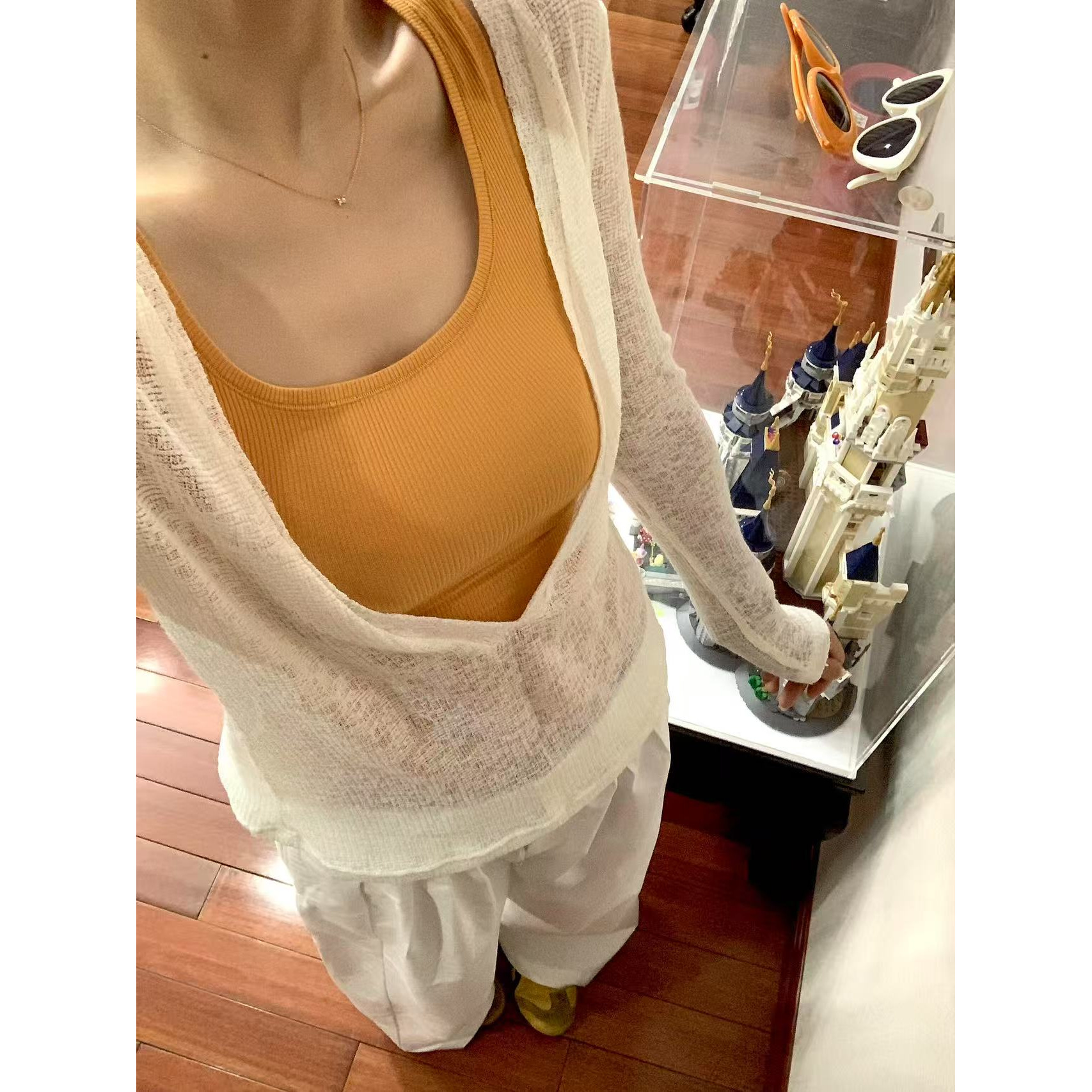 2025夏季新款韩系肌理感V领正肩透气长袖T恤罩衫橘色背心两件套