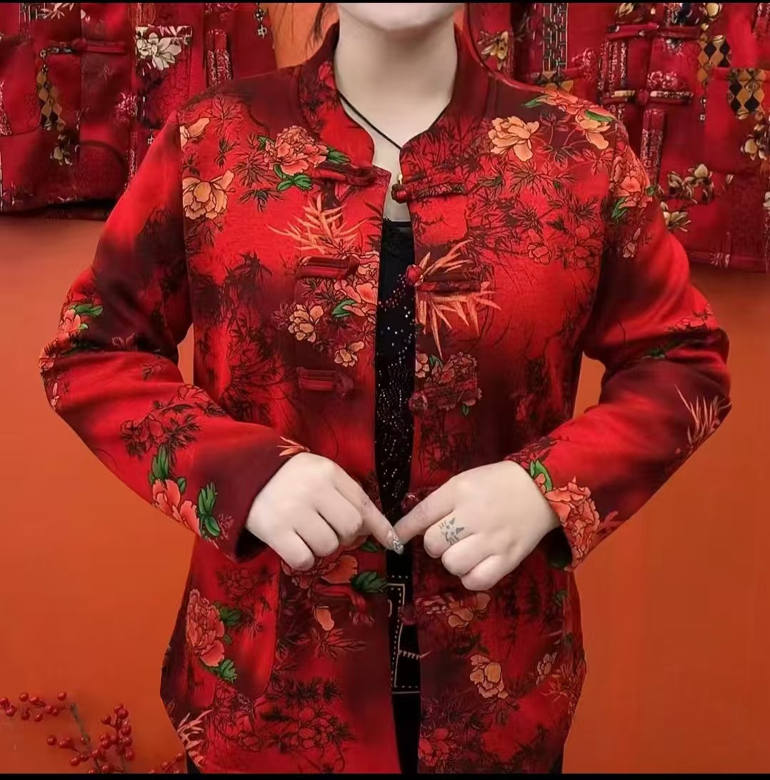 【牡丹花】中老年保暖长袖加绒大花花色开衫妈妈外套民族盘扣复古款