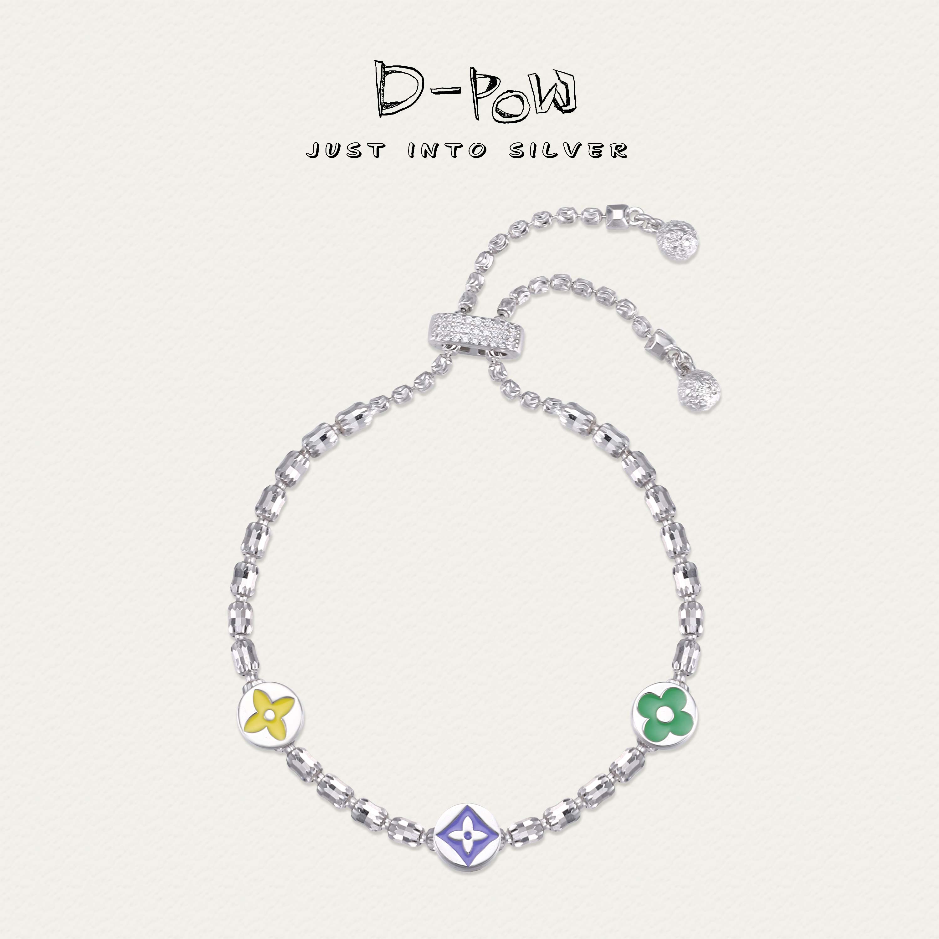 灯小炮 925银合成锆石手链 【彩虹老钱】镭射珠抽拉手链（8691）