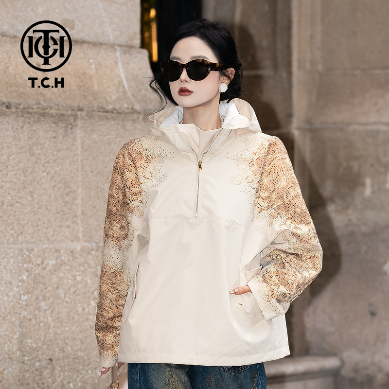 TCH轻奢潮牌烫钻25秋冬新款连帽套头夹克外套男女同款T75C27E9002