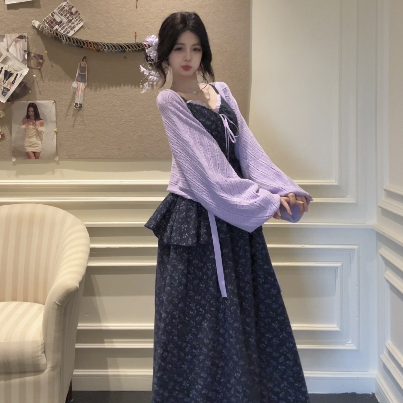 桔梗house 香芋信笺【现货】温柔甜美风紫色开衫连衣裙