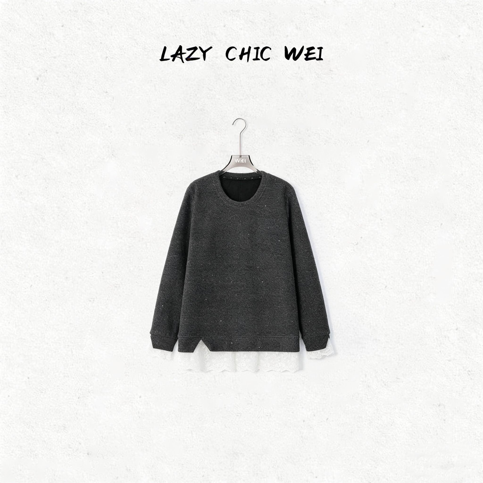 WEI"许我耀眼"蕾丝拼接撒银细闪加绒显瘦内搭圆领上衣25SSW1569