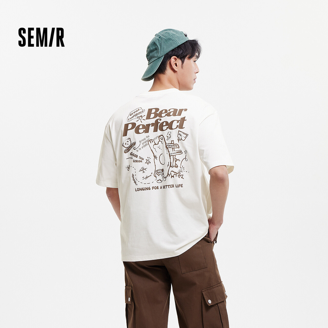 森马短袖T恤男字母小熊印花t恤夏季宽松落肩圆领针织上衣撞色时尚