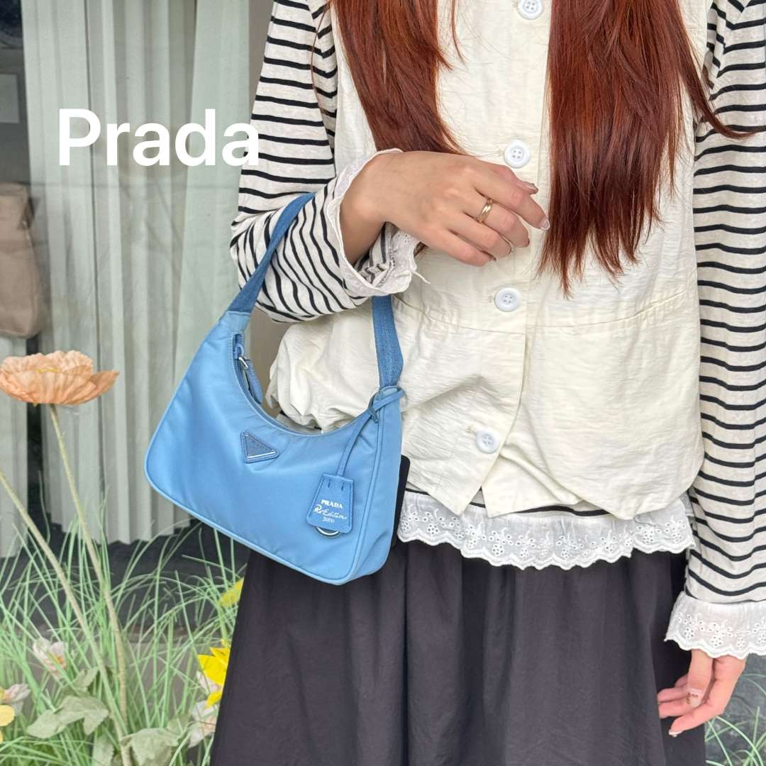 95新 Prada/普拉达 A1508蓝色尼龙腋下包迷你单肩包/代卖服务