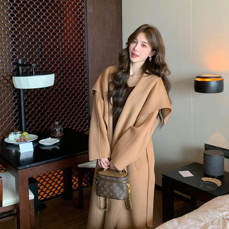 驼色双面呢子大衣女中长款2025冬季新款高级感宽松大翻领毛呢外套