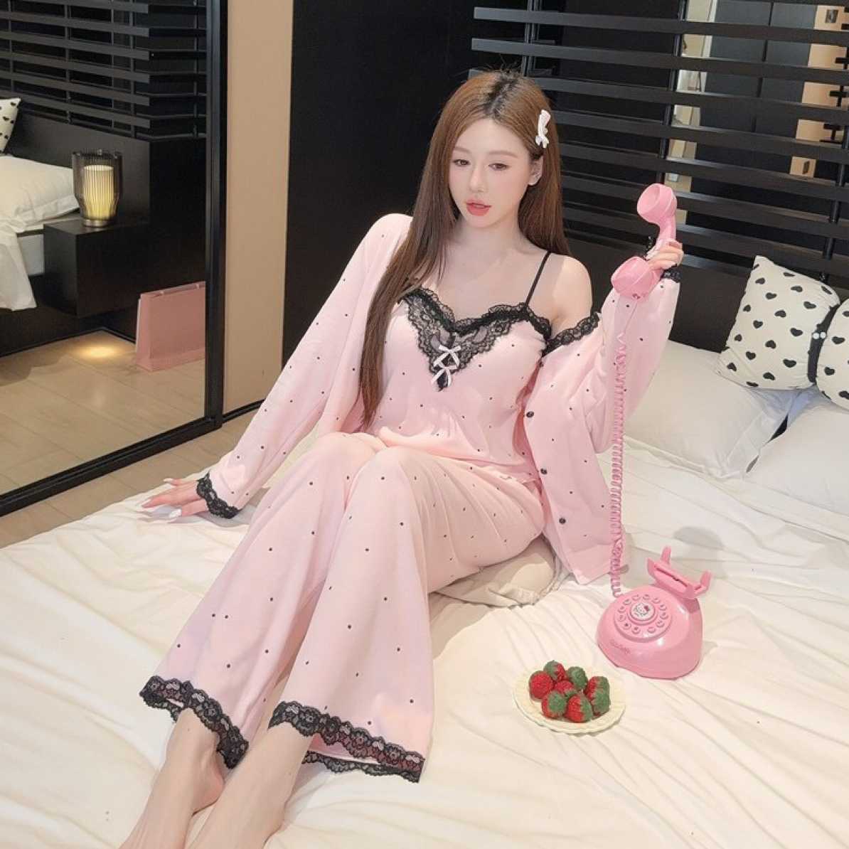 睡衣女秋冬加厚双面绒超柔波点舒适长袖长裤吊带套装家居服爆款