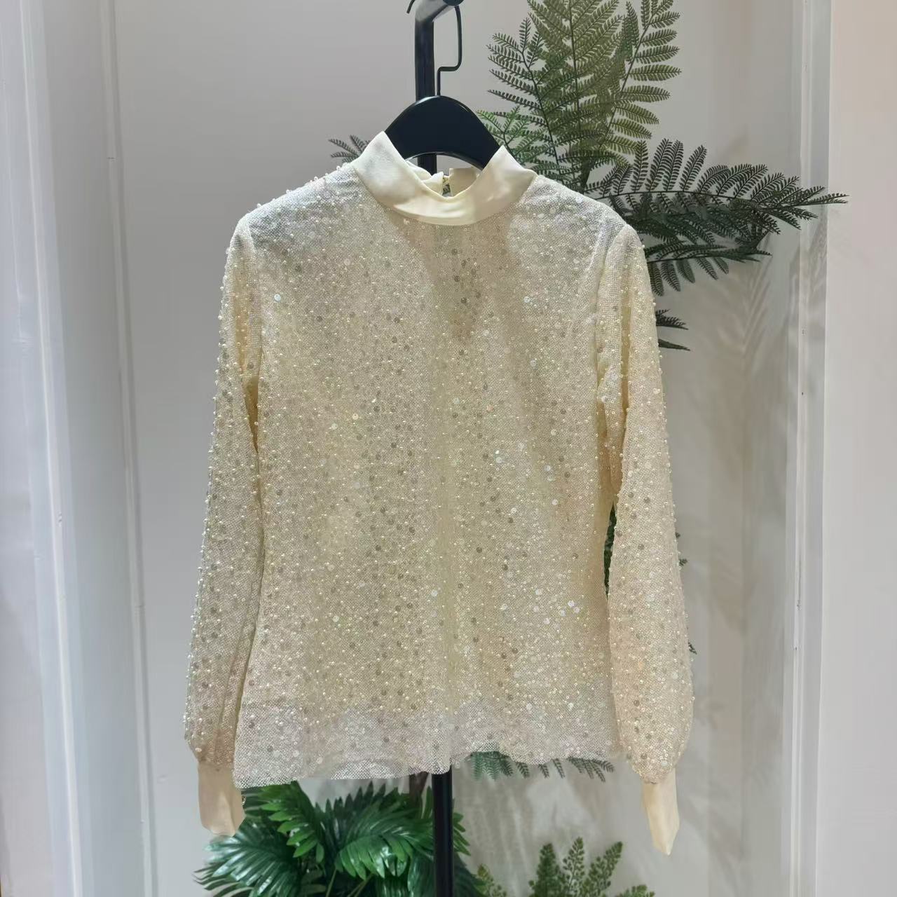 2025新款上衣设计感小众女士冬卓雅灯笼袖高领重工亮片宽松蕾丝衫