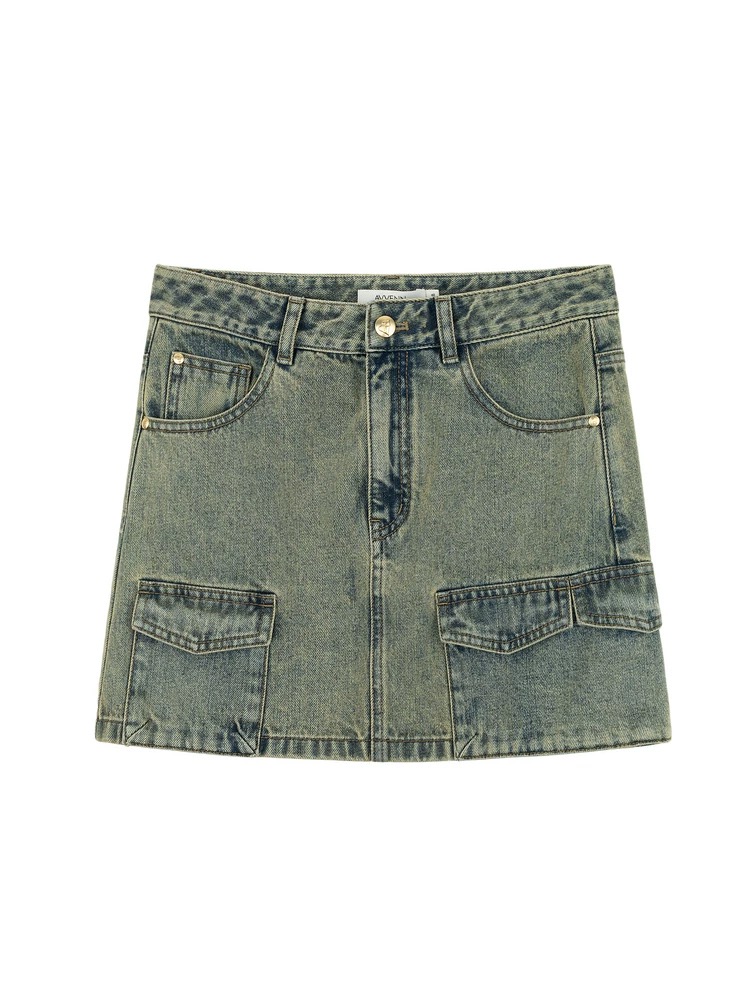 【景致】AVVENN 夏季微弹立体不对称做旧牛仔短裙AM31502674