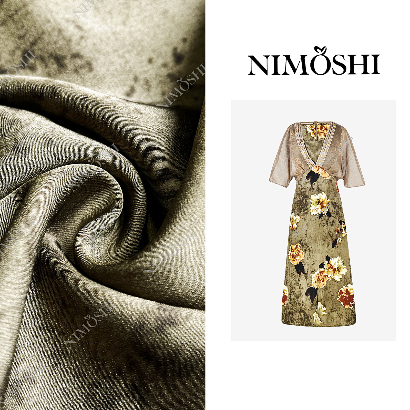 NIMOSHI莎莎中式网纱拼接花卉印花V领钉珠气质显瘦连衣裙Q1996