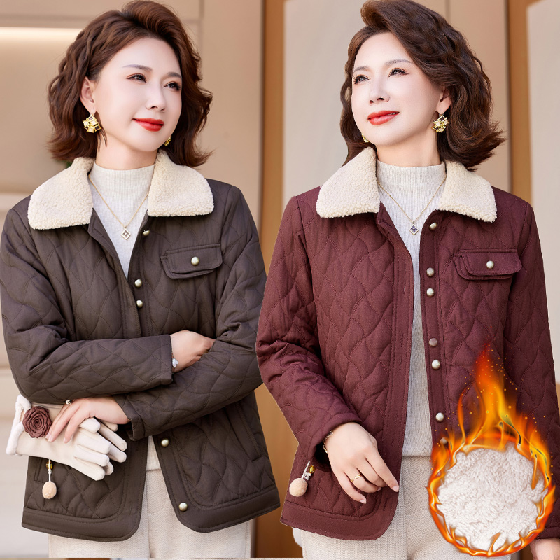 中老年妈妈秋冬短款棉衣女加厚洋气翻领菱格保暖加绒显瘦棉服外套