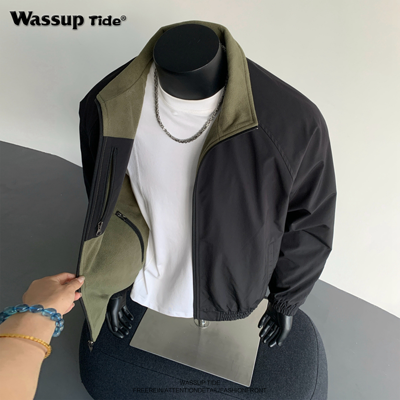 WassupTide美式cleanfit摇粒绒双面穿立领夹克男士秋季行政夹克