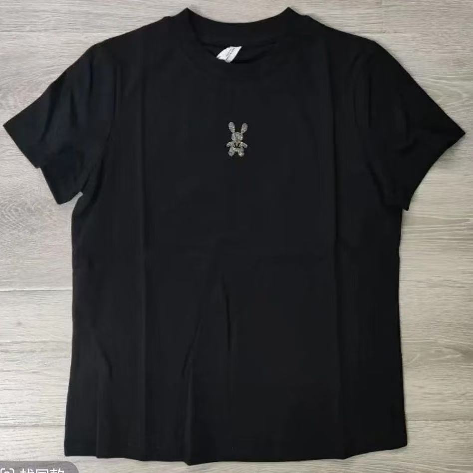 801新款洋气圆领兔子烫钻短袖T恤春夏款时尚休闲纯色百搭显瘦上衣