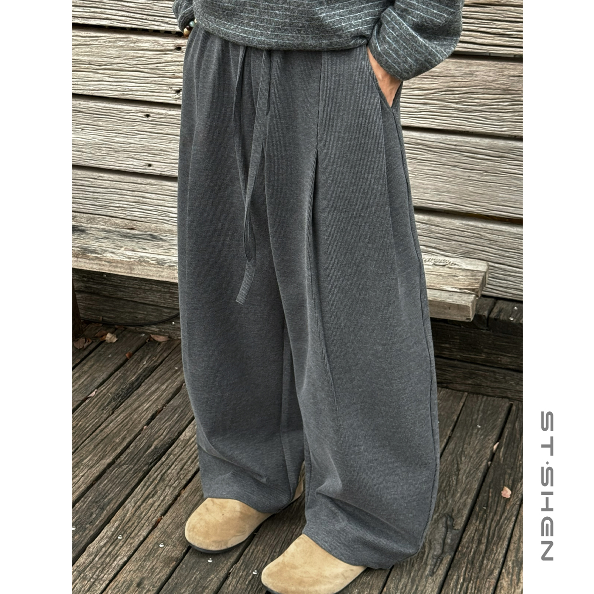 【ST·Shen】秋冬新款松弛慵懒百搭阔腿条纹肌理直筒休闲裤男女1036