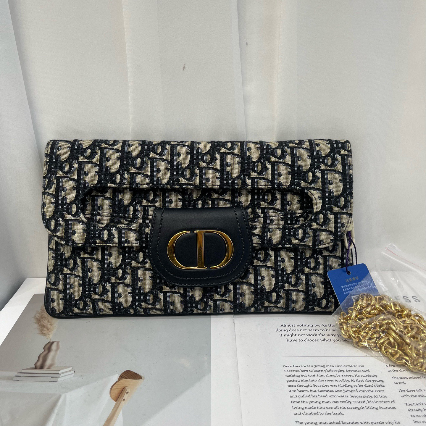 99新 DIOR/迪奥 老花 中号 蓝色老花翻盖链条包 21年编码未使用