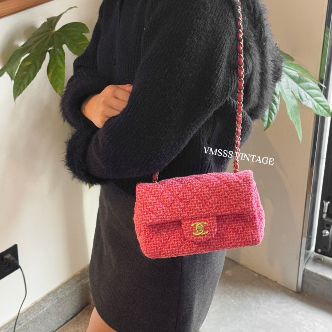 99新 Chanel/香奈儿 粉色毛呢cf大mini单肩包/13966 经典 时尚ins