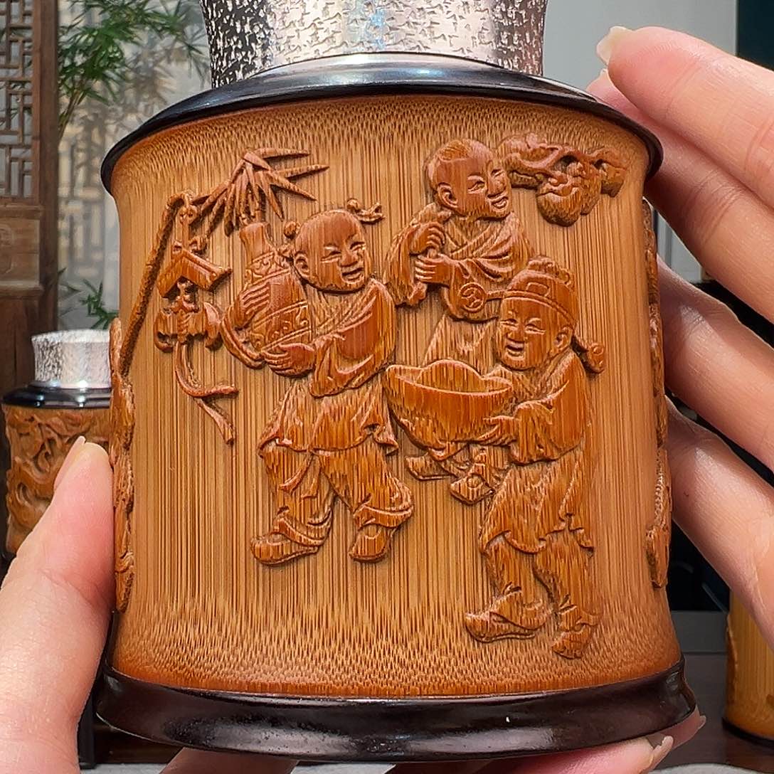 竹竹雕八宝图茶叶罐