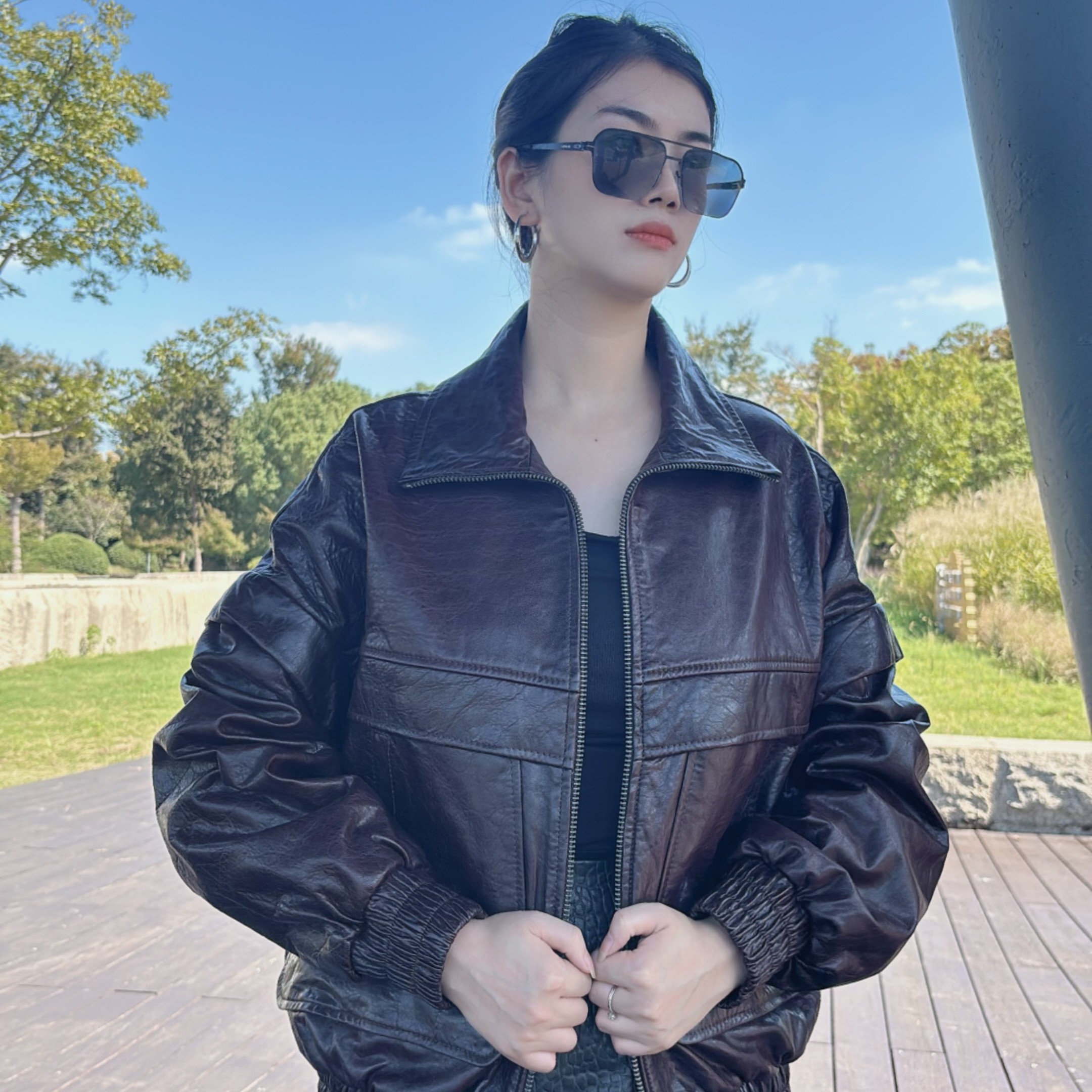 进口做旧复古泡小羊皮双口袋廓形高腰宽松夹克外套皮衣女