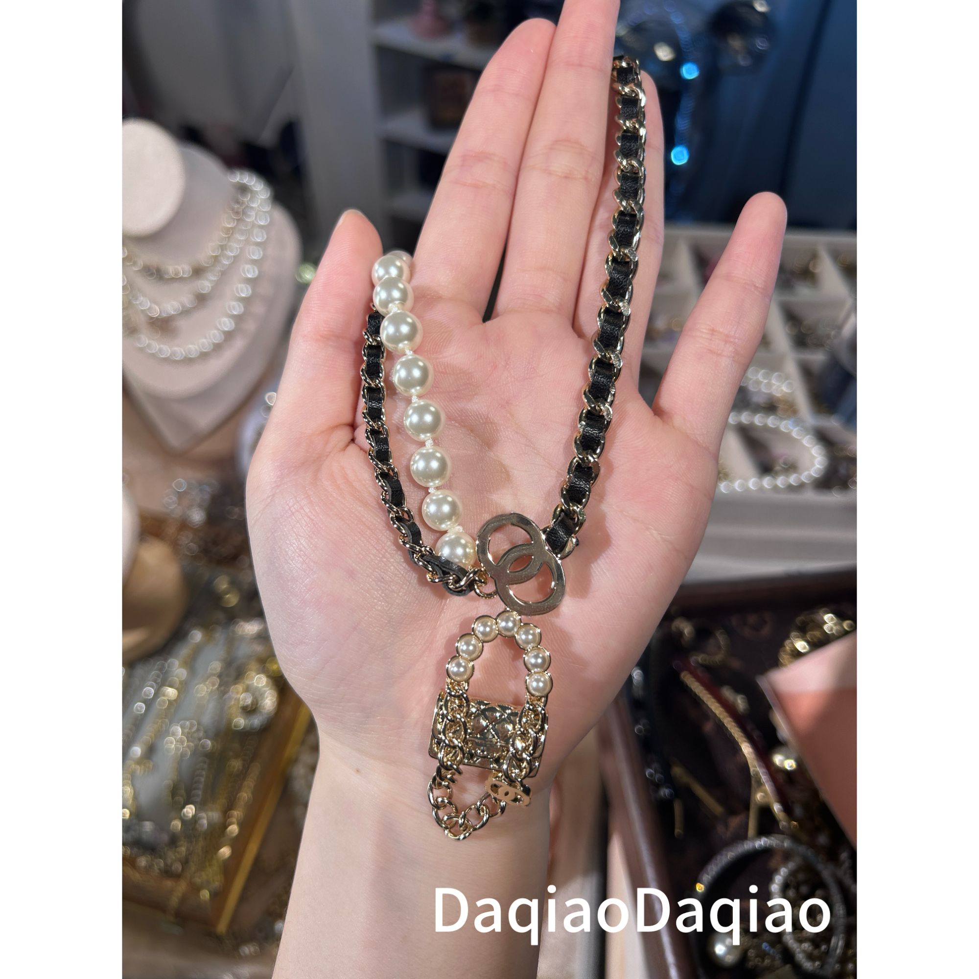 铜合金合成锆石项链 珠珠穿皮双层包包项链00Y260