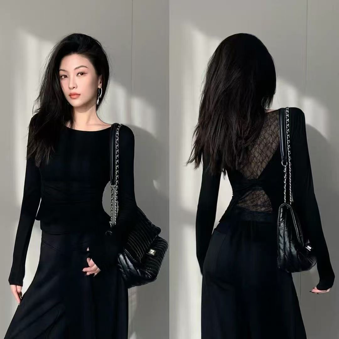 上衣女2025大码女装新款胖妹妹透视网纱绝美后背镂空蕾丝小衫潮