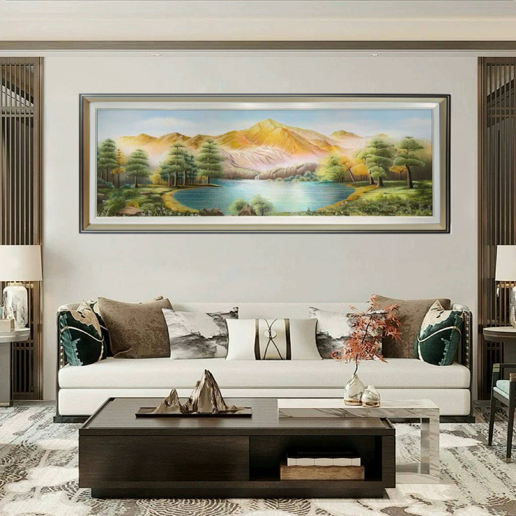 金山聚宝盆织锦绣挂画新中式刺绣客厅沙发背景墙高级感山水装饰画