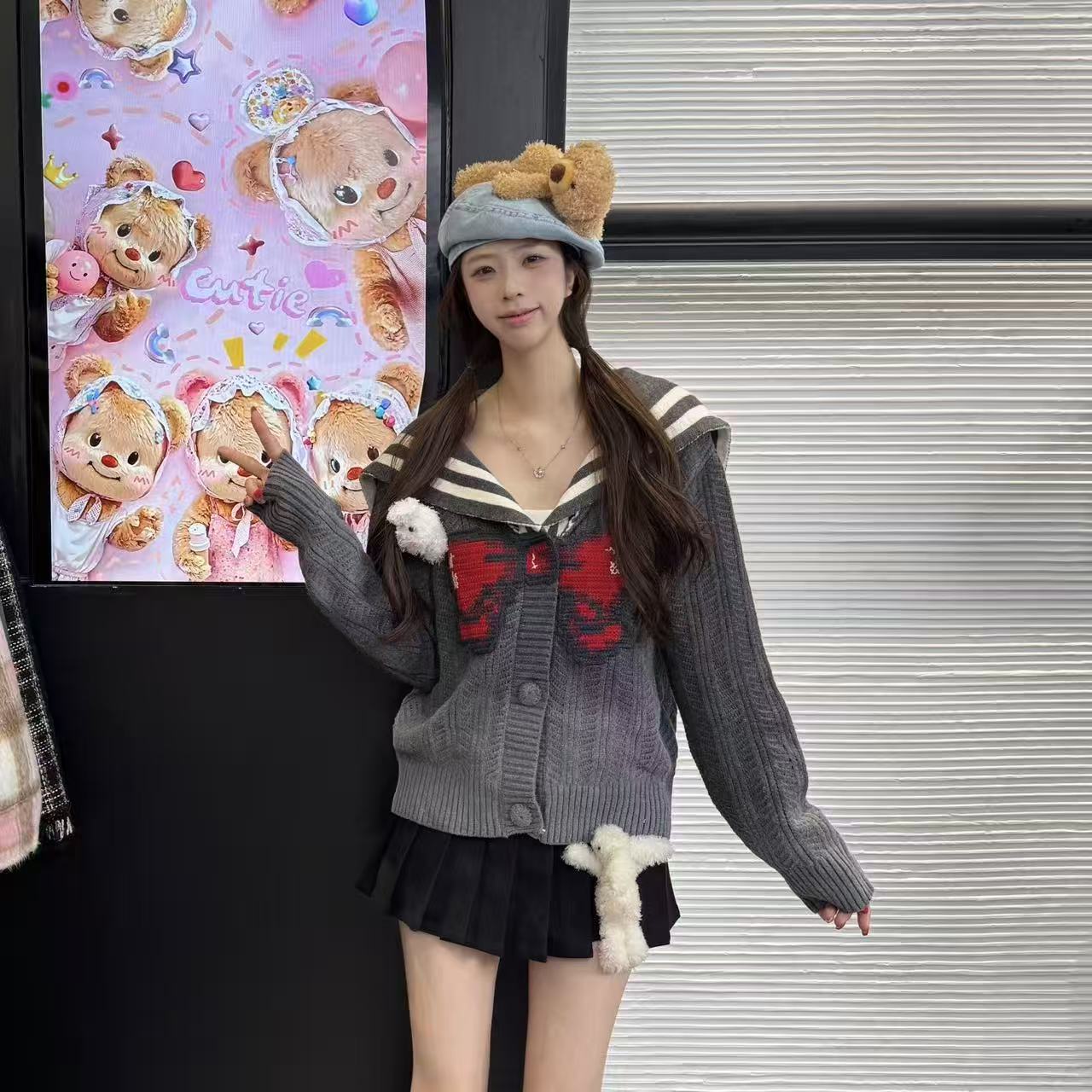 【温婉可人】秋冬新款时尚百搭海军领蝴蝶结印花慵懒风开衫女【250】