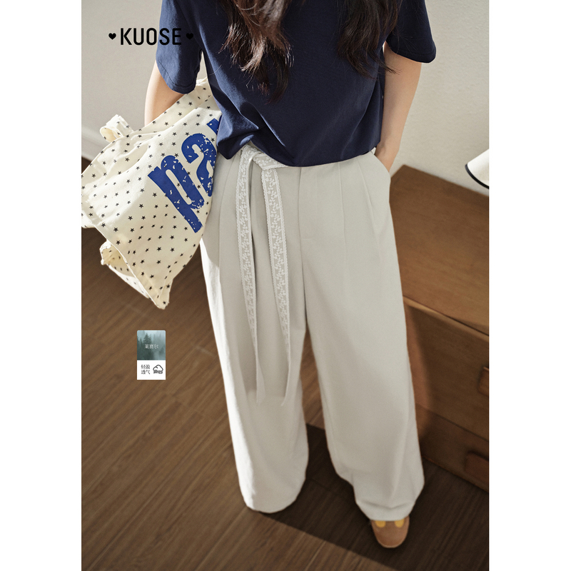 阔色设计感高腰花边飘带休闲裤女2025秋新款宽松阔腿裤KSF2508004