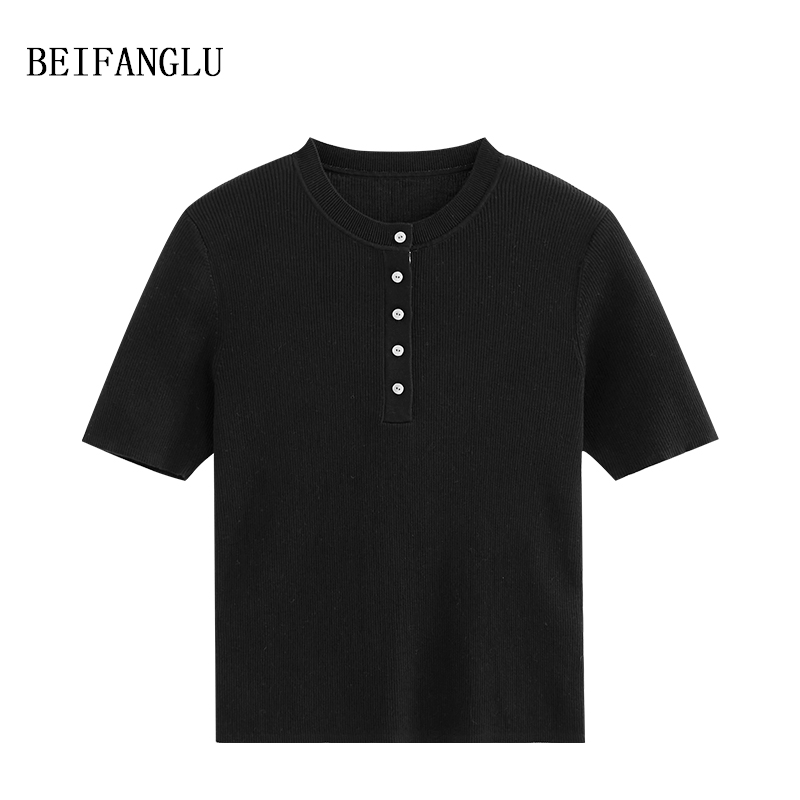 北方鹿 经典法式亨利领天丝三醋酯薄款2025早春短袖针织衫女1596