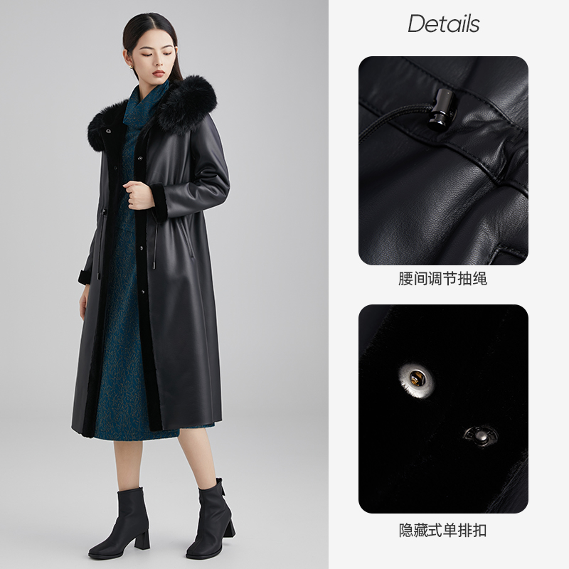 【粉丝专享】马天奴新款黑色毛领连帽皮衣绒大衣VRA363FLH1
