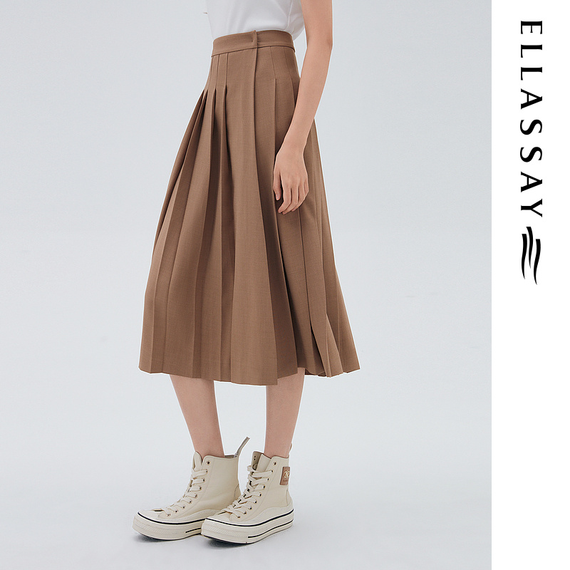 ELLASSAY歌力思纯色风轻奢时尚气质长款压褶半身裙 EWB333Q00200
