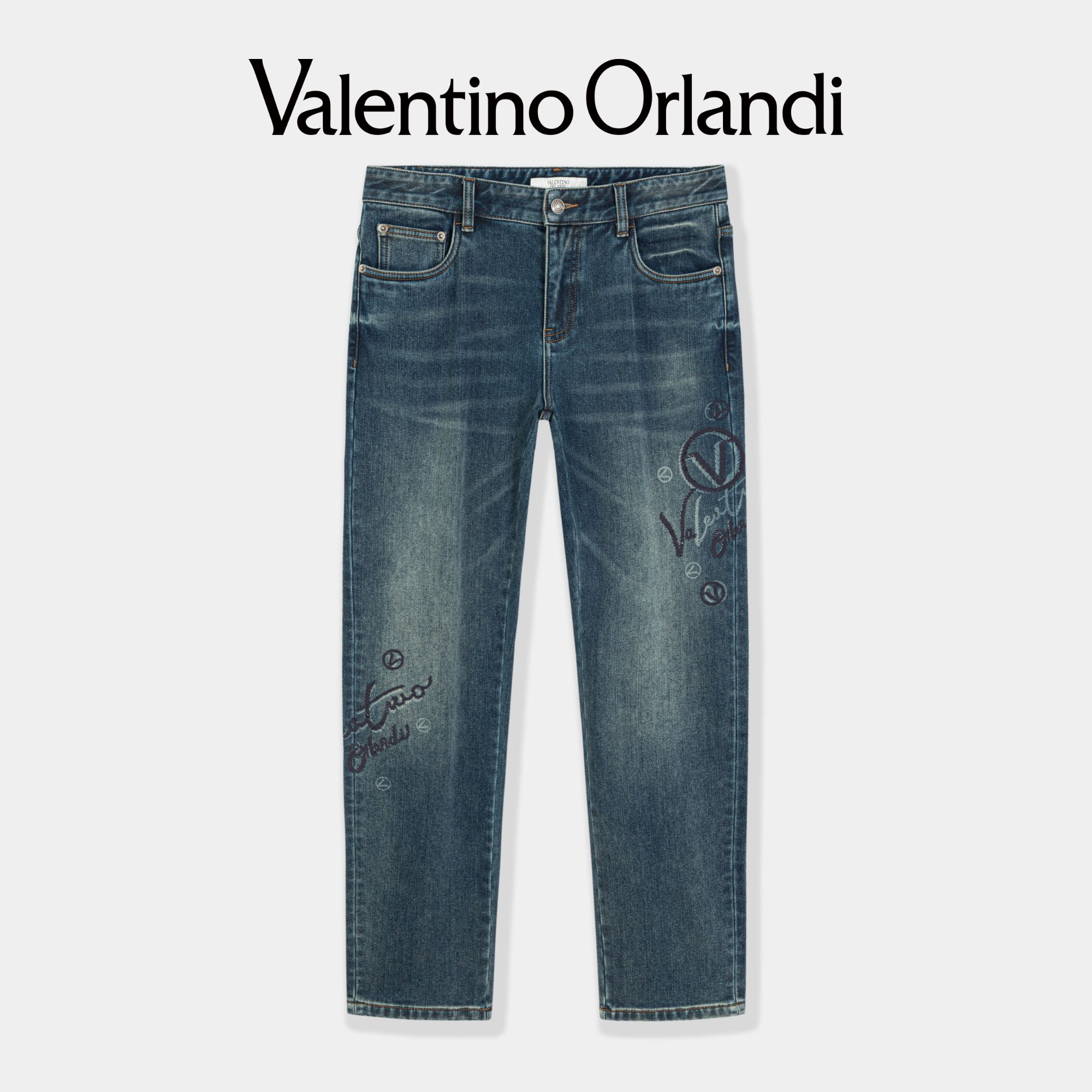 Valentino orlandi男士秋冬A版撞色字母提花水洗加绒直筒牛仔裤