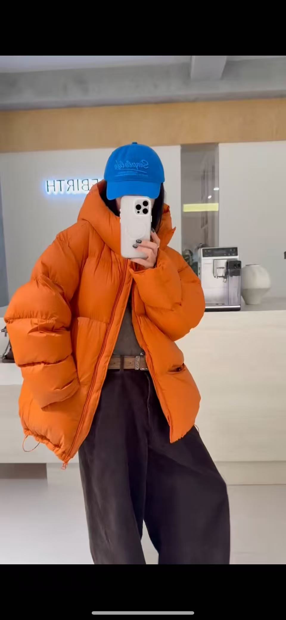 休闲韩系 亮橘色 中长款连帽羽绒服（新国标95白鸭绒）